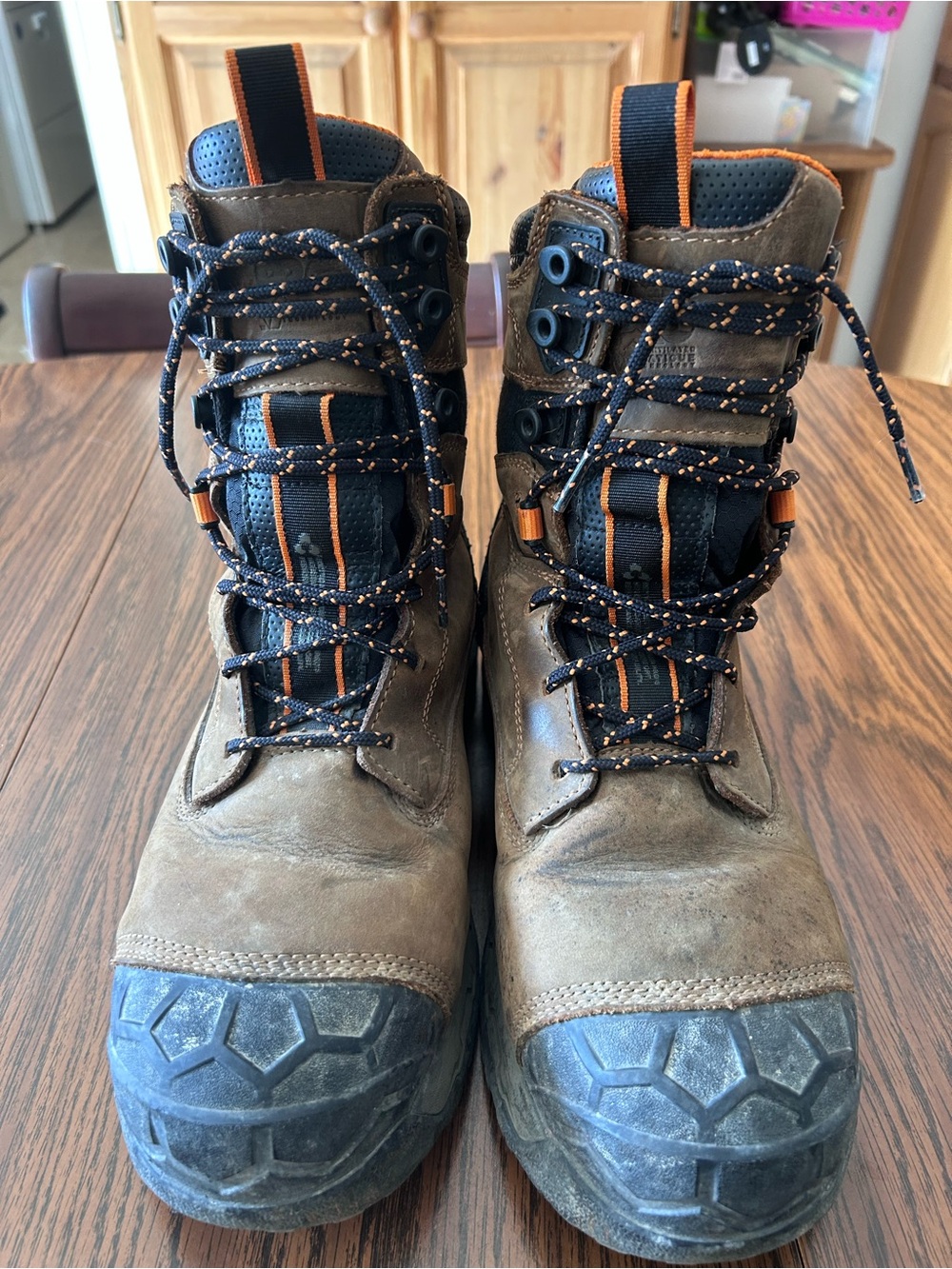 Timberland Brown and Black Work Boots with Orange Accents